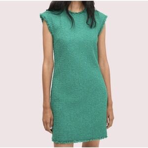 Kate Spade Green Sequin Tweed Sleeveless Shift Mini Dress with Fringe Detail